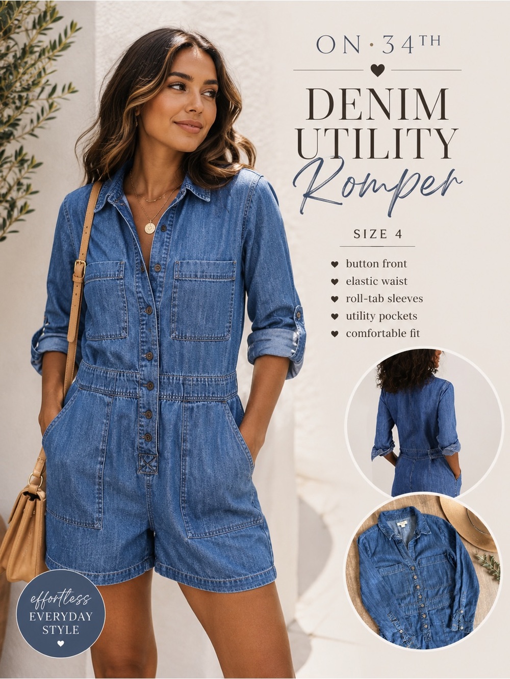 Macy’s Exclusive ON 34th Denim Utility Romper Button Front Chambray Shorts Size4